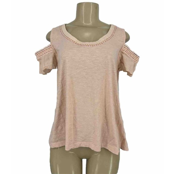 Anthropologie Akemi & Kin Top Salma Cold Shoulder Embroidered Pink Cotton 6-130 - Picture 1 of 10